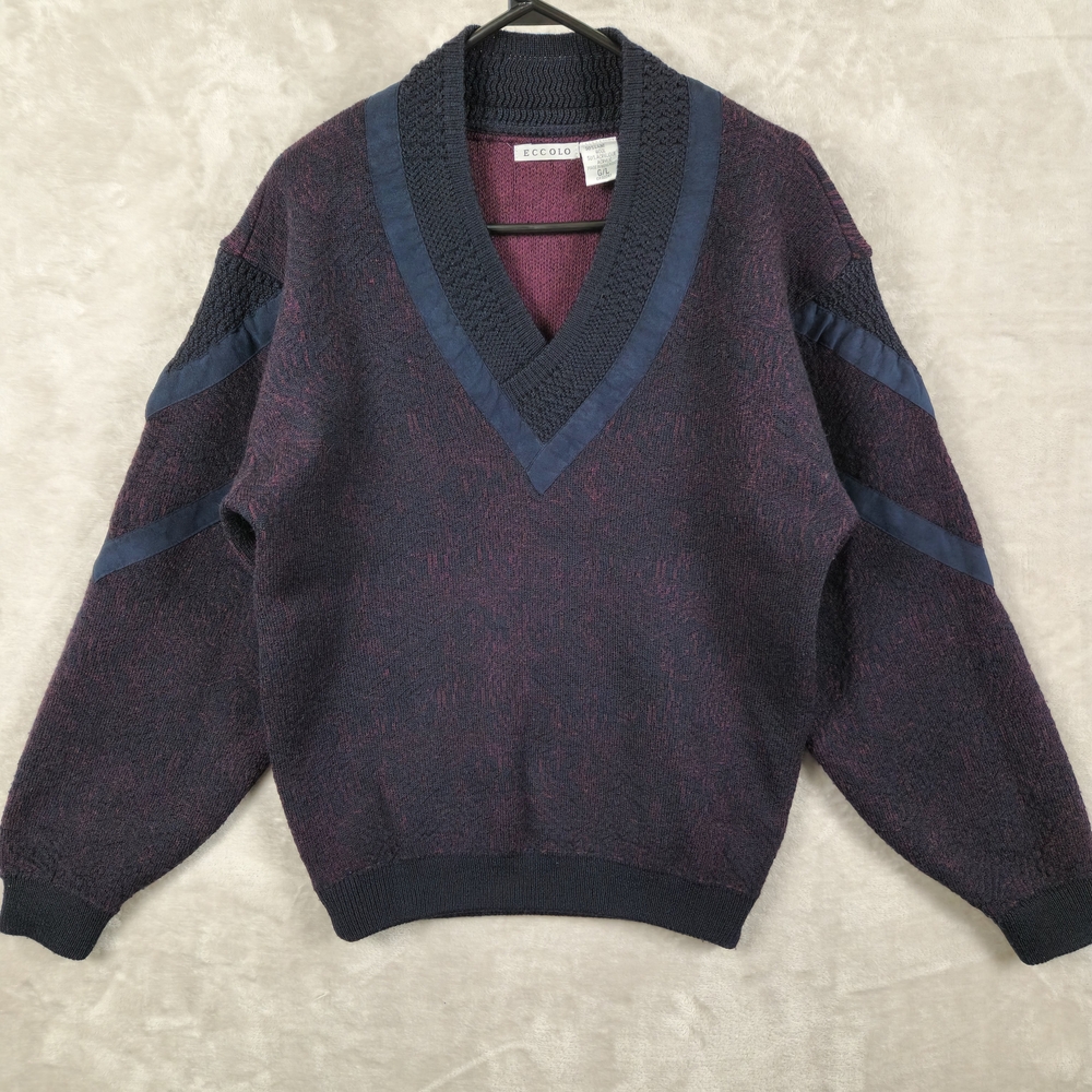 Eccolo Men's Navy Burgundy Wool Blend Sweater Size L Classic V Neck